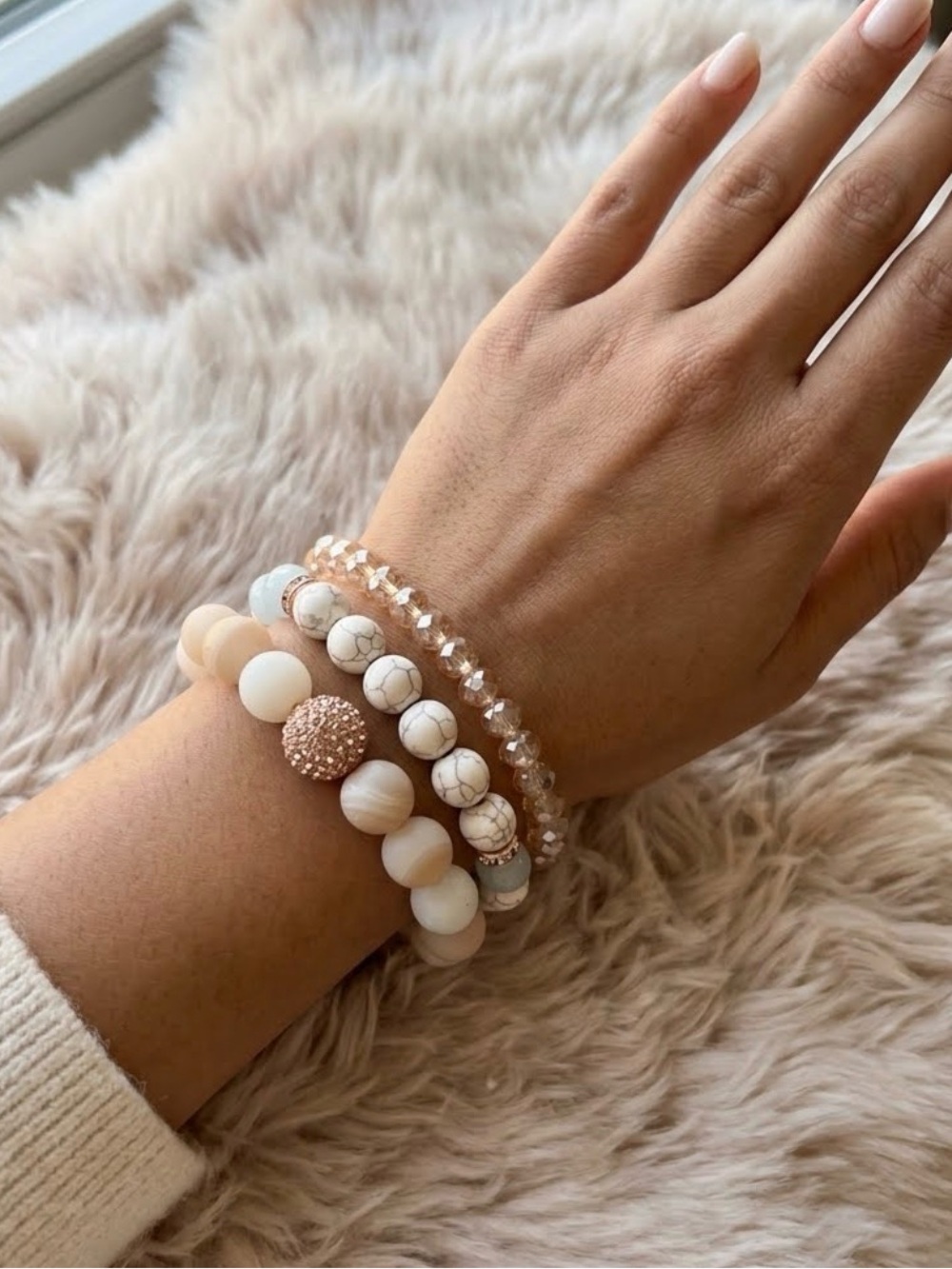 Natural Stone Beaded Bracelet Set Neutral Rose Gold Pavé Stackable Stretch 3pc